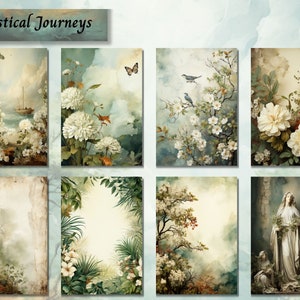 May include: A collage of eight images featuring floral arrangements, birds, and a statue of the Virgin Mary. The images are set against a background of soft, muted colours and feature a variety of textures, including flowers, leaves, and wood.