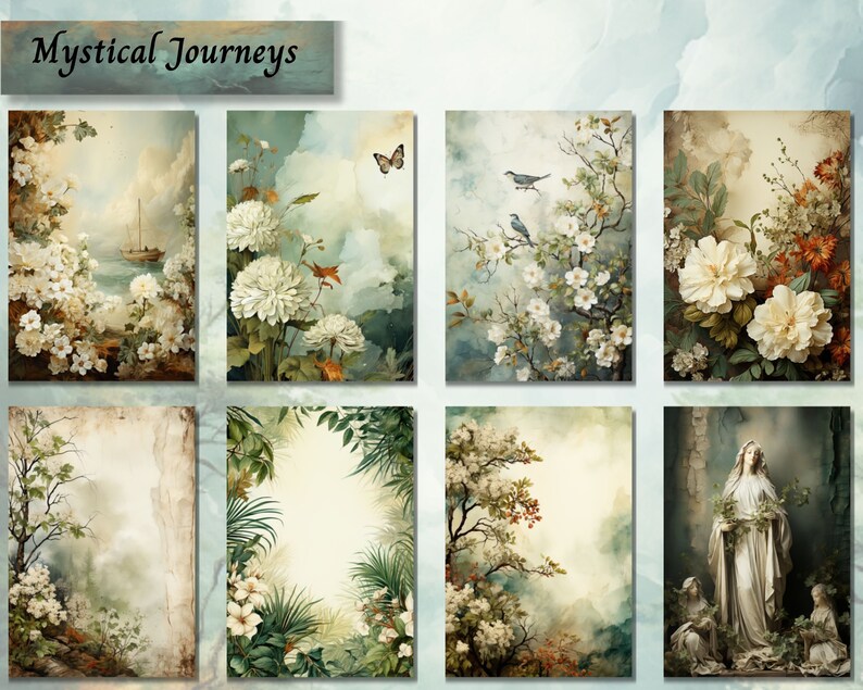 May include: A collage of eight images featuring floral arrangements, birds, and a statue of the Virgin Mary. The images are set against a background of soft, muted colours and feature a variety of textures, including flowers, leaves, and wood.