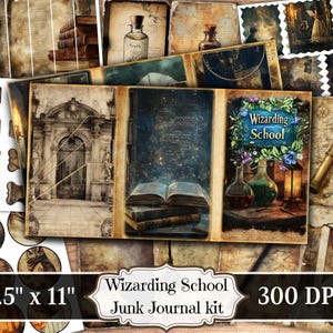 Kit de diario basura de la escuela de magia, efímeras imprimibles de magos, hoja de collage de scrapbooking de brujas vintage, páginas de técnica mixta de fondo ATC