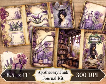 Zestaw dziennika śmieci w stylu fioletowym wiktoriańskim, akwarelowe fioletowe kwiatowe wydruki efemeryczne, lawendowy arkusz kolażu do albumu, tło w stylu shabby chic