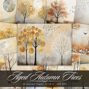 Aged Autumn Trees Junk Journal, Vintage Fall Season Printable Ephemera, Thanksgiving Fallen Leaves Scrapbook Collage Sheet, Background Page