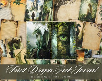 Forest Dragon Junk Journal, Mythical Animals Printable Ephemera, Dragons Scrapbooking Collage Sheet, Mystical Background Mixed Media Paper