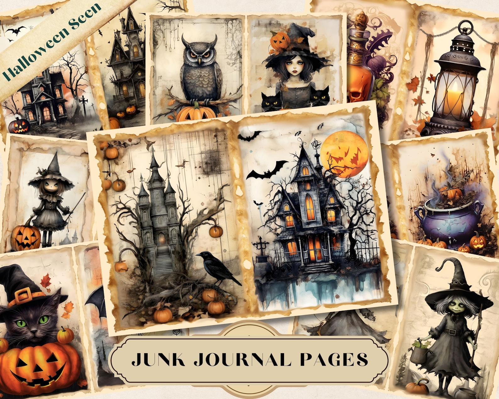 Spooky Halloween Junk Journal Pages - Halloween Scene, Mixed Media ...