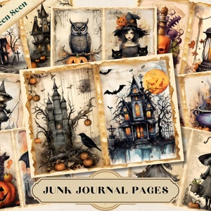 Spooky Halloween Junk Journal Pages - Halloween Scene, Mixed Media, Patterns, Castles, and More - Printable, Creepy Vintage Ephemera,October
