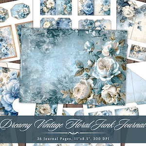 Dreamy Vintage Floral Junk Journal, Ephemera stampabile floreale shabby chic, collage di scrapbooking vintage con acquerello floreale, pagine di sfondo