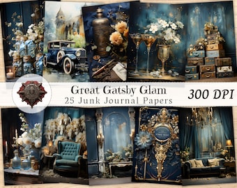Great Gatsby Collage, Glam Junk Journal Kit, Vintage Printable Ephemera, Scrapbooking Sheet, Modern Floral Background, Mixed Media