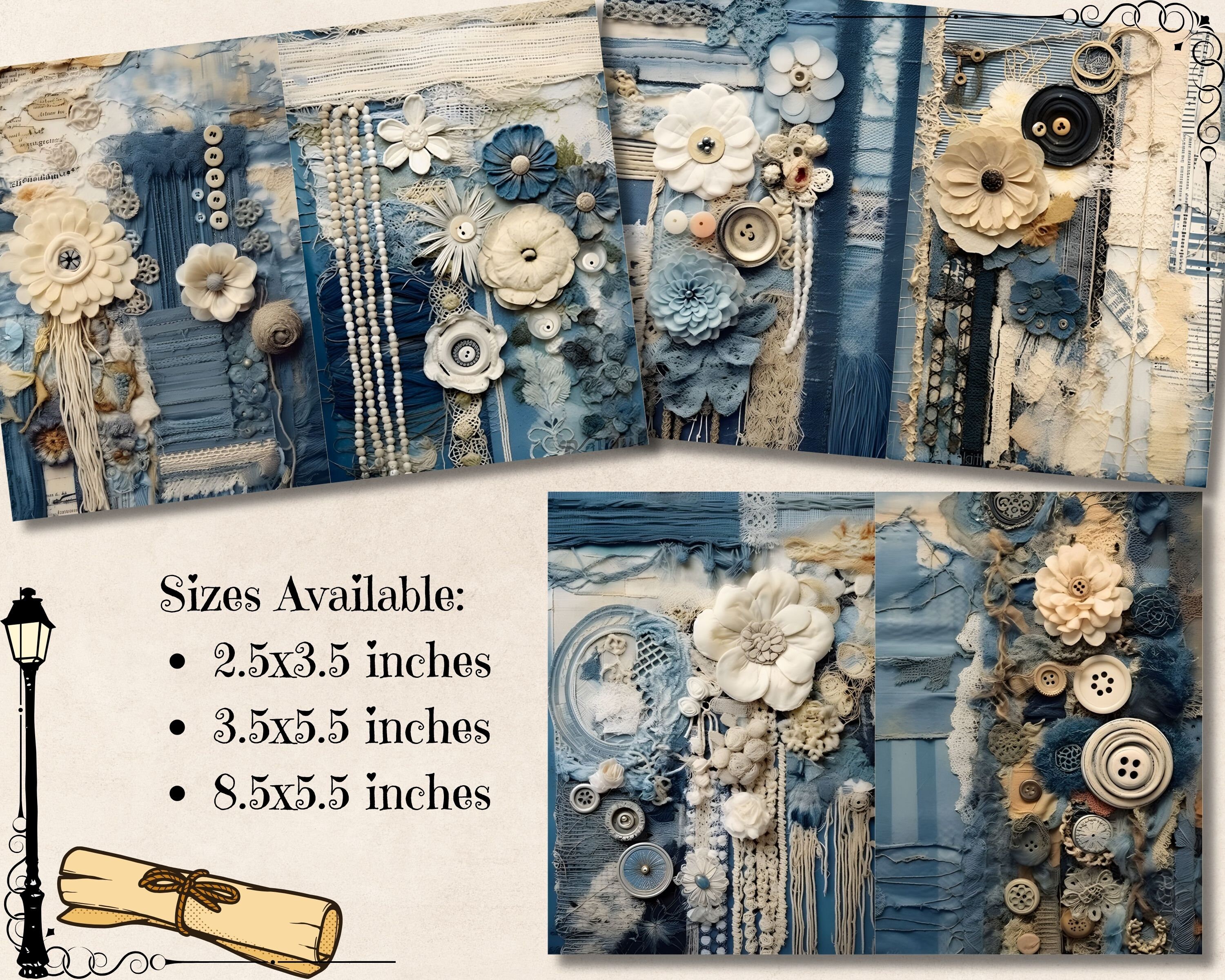 Vintage Denim Textile Junk Journal Kit, Shabby Chic Fabric Ephemera ...