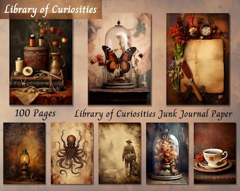 May include: A collection of 100 pages of vintage-inspired junk journal paper featuring images of a butterfly in a glass dome, a vintage lantern, an octopus, a man walking in a foggy forest, a cup of coffee, and a bouquet of flowers.