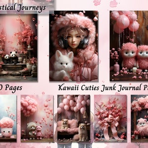 Kit de papel para diário de lixo rosa Kawaii, diário chique gasto caseiro, página de coisas efêmeras para impressão, álbum de recortes digital vintage, colagem de fundo JPG