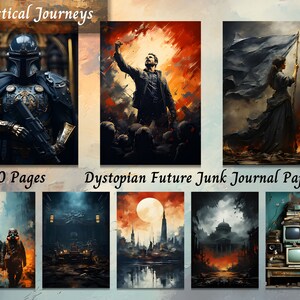 May include: A collection of dystopian-themed journal papers. The artwork features a futuristic soldier, a figure raising their fist, and a woman holding a flag amidst flames. The text reads "Mystical Journeys," "100 Pages," and "Dystopian Future Junk Journal Paper."