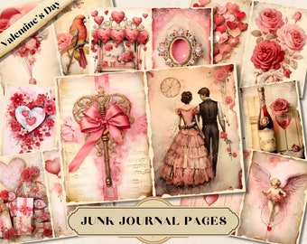 May include: A set of vintage-style scrapbook pages with a Valentine's Day theme. The pages feature images of hearts, roses, a couple, a key, a bird, and a bottle of wine. The pages are perfect for adding to a junk journal or using for other crafting projects.