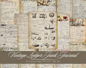 Vintage Ledger Junk Journal Pages, Antique Writing Paper Printable Ephemera, Handwritten Scrapbook Collage Sheets