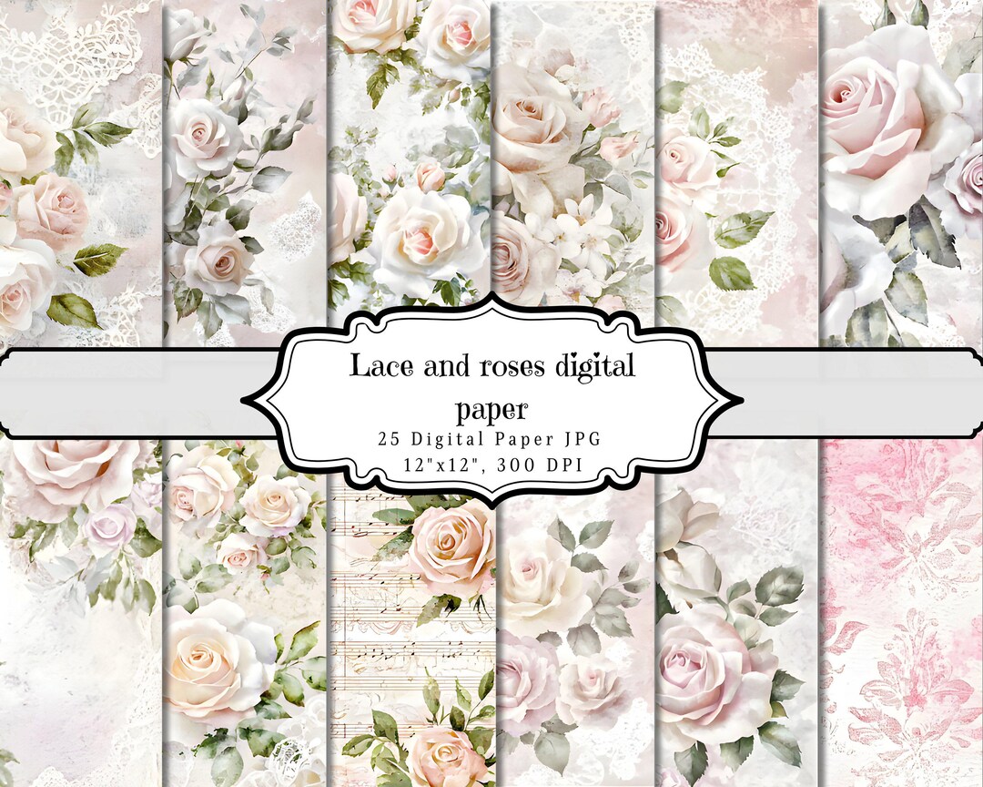 Lace & Roses Digital Paper, Shabby Chic Junk Journal, Floral Watercolor ...
