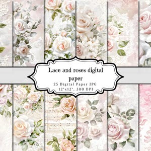 Carta digitale Lace & Roses, Shabby Chic Junk Journal, Ephemera stampabile con acquerello floreale, Foglio collage per album vintage, Pagina di sfondo