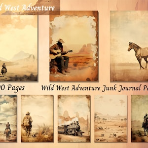Papier pour journal indésirable Wild West Adventure, éphémères imprimables de cow-boy occidental vintage, album de scrapbooking cow-girl vintage du désert, feuille de collage ATC