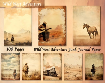 May include: A set of 10 vintage-style digital papers featuring images of cowboys, horses, trains, and desert landscapes. The papers are perfect for scrapbooking, junk journaling, and other creative projects.  Wild West Adventure Junk Journal Paper - 100 Pages