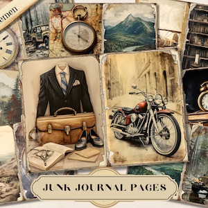 Gentlemen Junk Journal Kit, vintage tijdperk afdrukbare ephemera, steampunk mannelijke man plakboek collageblad, achtergrond mixed media papier