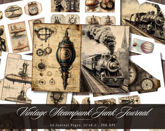 Vintage Steampunk Junk Journal Kit, Victorian Industrial Ephemera Pages, Grunge Mixed Media Printable Collage Digital Download