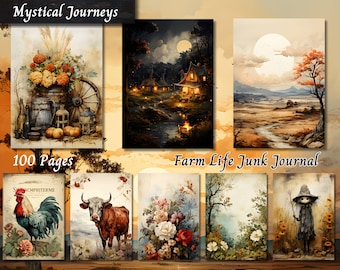Zestaw do tworzenia dziennika „Vintage Farmhouse Junk Journal” | Wydrukowane efemerydy z wiejskiego życia, rustykalne stodoły i arkusze z kolażami zwierząt do scrapbookingu i rękodzieła