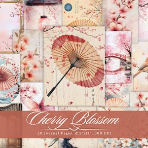 Pages de journal indésirable en fleurs de cerisier - feuilles de collage Japon vintage imprimables, éphémères de scrapbooking asiatique, utilisation commerciale en téléchargement immédiat