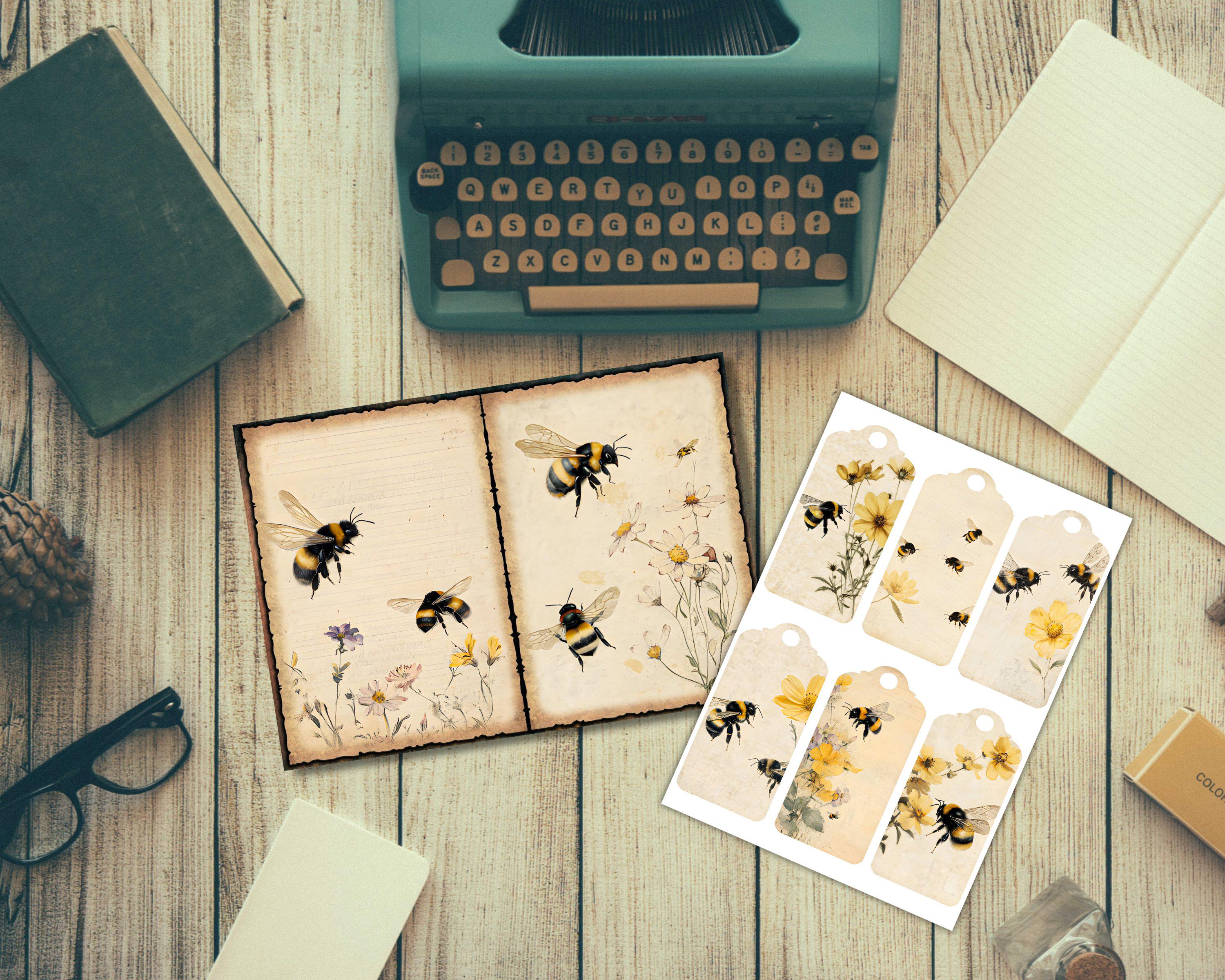 Vintage Bee Junk Journal Paper, Honey Bumble Bee Printable Ephemera ...