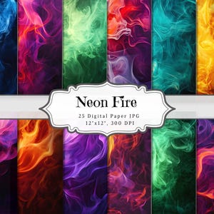 Pode incluir: Um conjunto de papéis digitais intitulado "Neon Fire" com padrões vibrantes e rodopiantes em tons de azul, roxo, verde, laranja e amarelo. A imagem inclui o texto "Neon Fire" e detalhes sobre o tamanho e a resolução do papel: 30.48cm x 30.48cm, 300 DPI.