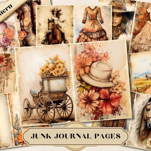 Western Junk Journal Pages, Printable Ephemera Paper, Scrapbooking Kit, Journaling Collage, Shabby Chic, Digital Mixed Media, ATC Cards JPG
