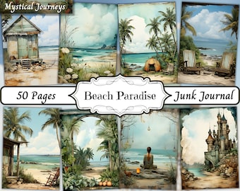 Kit de diario de recortes costero, diario vintage de paraíso playero, kit de efímeros marinos, papel para álbum de recortes playero imprimible, 50 páginas