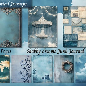 Shabby Chic Junk Journal Paper, Clouds Sky Afdrukbare ephemera, blauwe bloemen scrapbooking collageblad, achtergrond Mixed Media-papier ATC