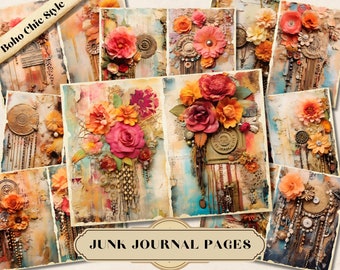 Boho Chic Style Junk Journal Paper, Digital Mixed Media, Shabby Chic, Printable Ephemera, Scrapbooking Collage, Journaling Kit, ATC Cards