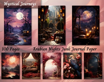 May include: A set of 100 pages of junk journal paper featuring a variety of images with a mystical theme. The images include a moonlit forest, a bustling marketplace, a window with a view of a distant city, and a bird perched on a branch. The paper is perfect for creating unique and personalized journals, scrapbooks, and other creative projects.