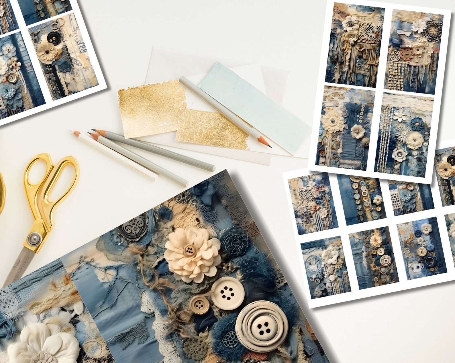 Vintage Denim Textile Junk Journal Kit, Shabby Chic Fabric Ephemera ...