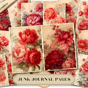 Rode pioenrozen Junk Journal Pages JPG, Floral Shabby Chic, Digitale Fussy Cut, Mixed Media, Afdrukbare Ephemera, Collage Supplies, Scrapbookpapier