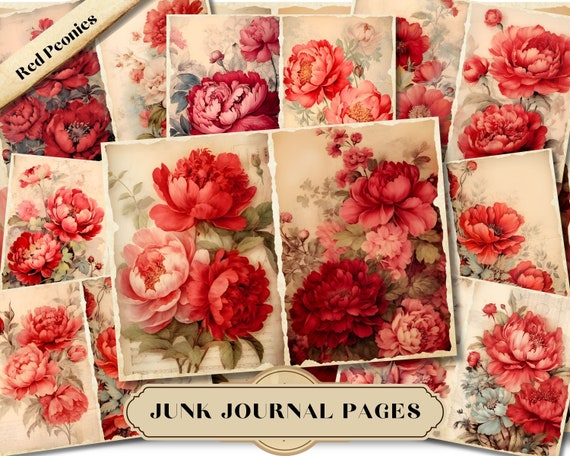 Red Peonies Junk Journal Kit, Floral Shabby Chic Ephemera, Printable Cards and Collage Pages