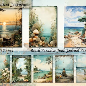 Beach Paradise Junk Journal Kit, afdrukbaar digitaal Ocean Journal-papier, Shabby Chic Ephemera plakboekcollage, vintage aquarel ATC-kaarten