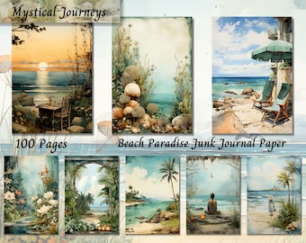 May include: A collection of watercolor illustrations featuring beach scenes. The images include a sunset over the ocean, a table set for dinner, and a beach with chairs under an umbrella. Text reads "Mystical Journeys" and "Beach Paradise Junk Journal Paper".