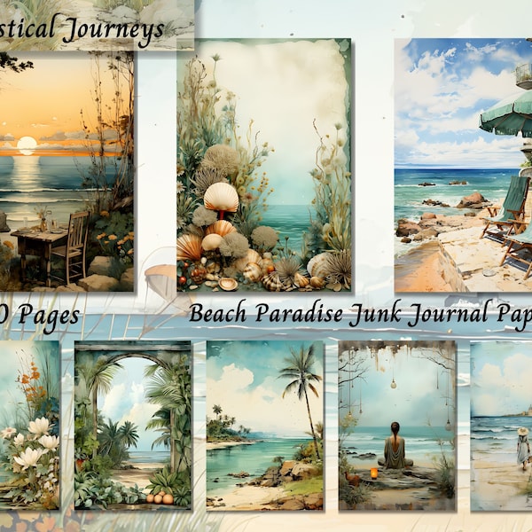 Beach Paradise Junk Journal Kit, Printable Digital Ocean Journal Paper, Shabby Chic Ephemera Scrapbook Collage, Vintage Watercolor ATC Cards