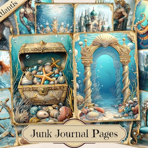 Carta da giornale "Atlantide perduta", effimeri stampabili sottomarini, foglio collage per scrapbooking marino, pagine con sfondo per tecniche miste ATC
