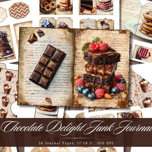 Diario basura Chocolate Delight, efímeras imprimibles de postres dulces, hoja de collage de álbum de recortes de estilo shabby chic vintage, técnica mixta de fondo ATC