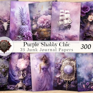 May include: A set of 25 digital papers featuring a purple and white color scheme with a shabby chic aesthetic. The papers feature various images including a pineapple, a ship, a woman in a dress, a deer skull, a lamp, a mirror, and a lantern. The papers are 300 DPI and are perfect for scrapbooking, card making, and other crafting projects.