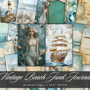 Vintage Beach Junk Journal, océan shabby chic imprimable éphémères, feuille de collage scrapbooking eau de mer, papier côtier nautique techniques mixtes