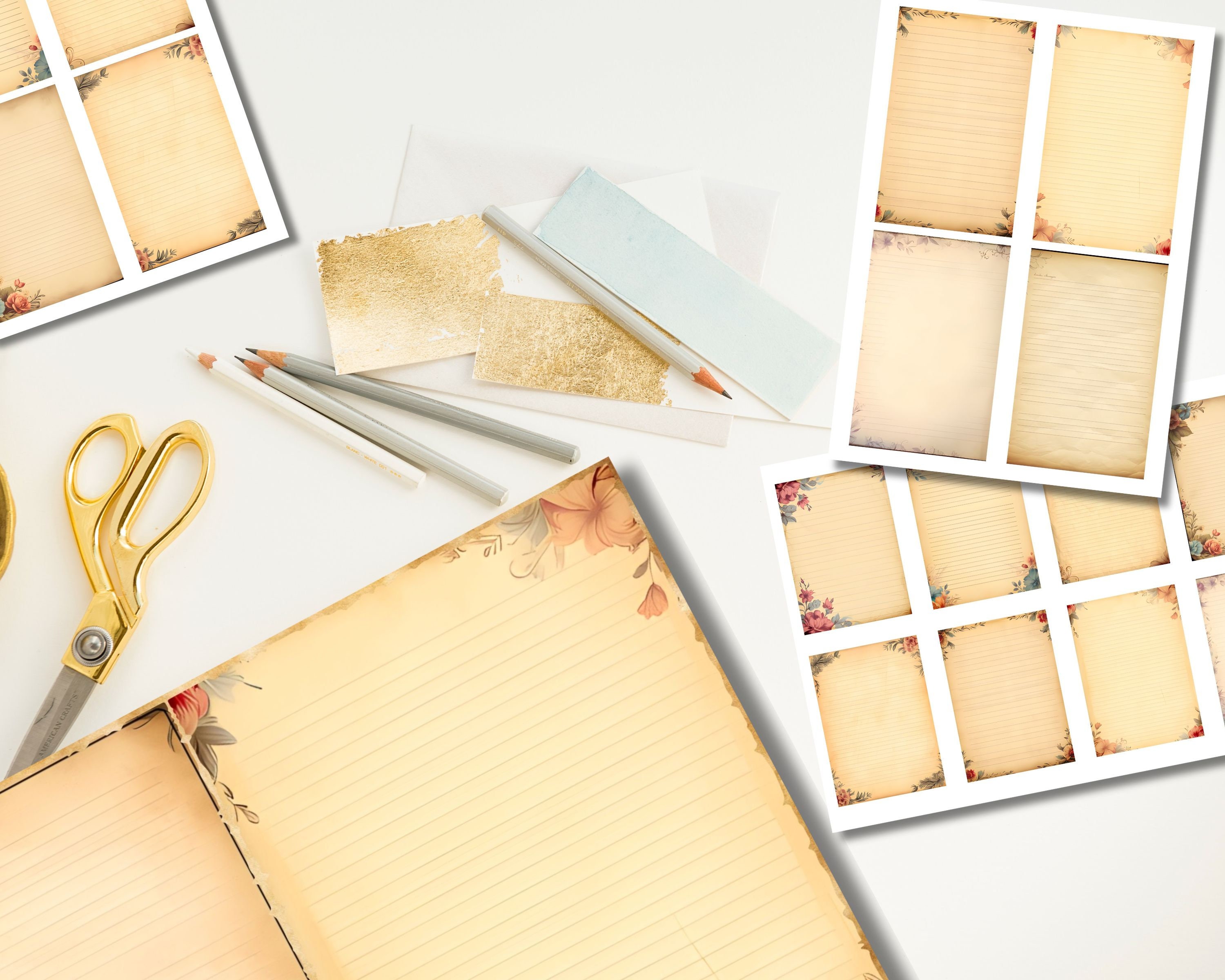 Vintage Floral Lined Junk Journal Pages, Beige Printable Writing Paper ...