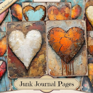 Rusty Hearts Valentines Junk Journal, Retro Heart Printable Ephemera, Vintage Scrapbooking Collage Sheet, Background Mixed Media Pages ATC