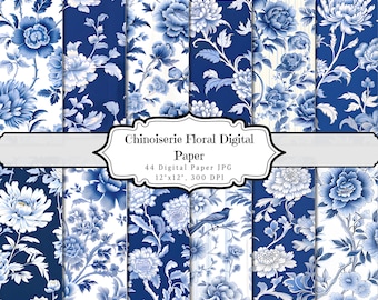 Papel digital floral chinês, padrão shabby chic sem costura, folha de colagem floral vintage para scrapbooking, fundo para itens efêmeros imprimíveis ATC