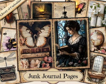 Diario basura de la Biblioteca de Curiosidades, efímeras imprimibles de bibliotecas de libros, hojas de collage para scrapbooking de libros, páginas de técnica mixta de fondo ATC