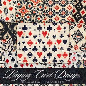 Papéis para diário com design de cartas de baralho, itens efêmeros para impressão de baralhos, folhas de colagem vintage para scrapbooking, páginas de mídia mista com fundo