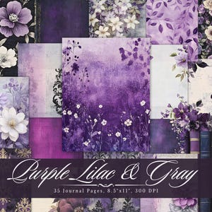 Purple Lilac & Gray Junk Journal, Lavender Floral Printable Ephemera, Flower Scrapbooking Collage Sheet, Background Mixed Media Pages ATC