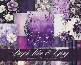 Paars lila en grijs junk Journal, lavendel bloemen afdrukbare ephemera, bloem scrapbooking collageblad, achtergrond mixed media-pagina's ATC