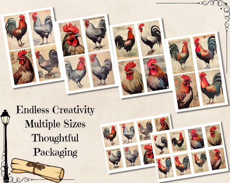 Roosters &amp; Chickens Junk Journal Kit, Printable Watercolor Ephemera ...