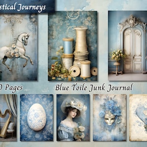 Carta da giornale "Blue Toile Junk", carta da giornale stampabile in stile shabby chic, collage per scrapbooking con acquerelli, pagine con sfondo per tecniche miste ATC